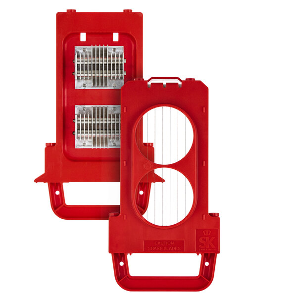 A red plastic Prince Castle Saber King Tomato slicer blade and pusher head assembly with holes.