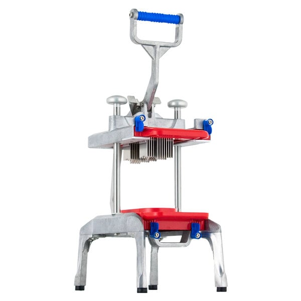 A stainless steel and red plastic Prince Castle tomato slicer.