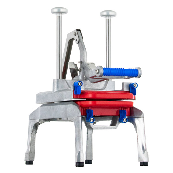 a machine with a red and blue handle