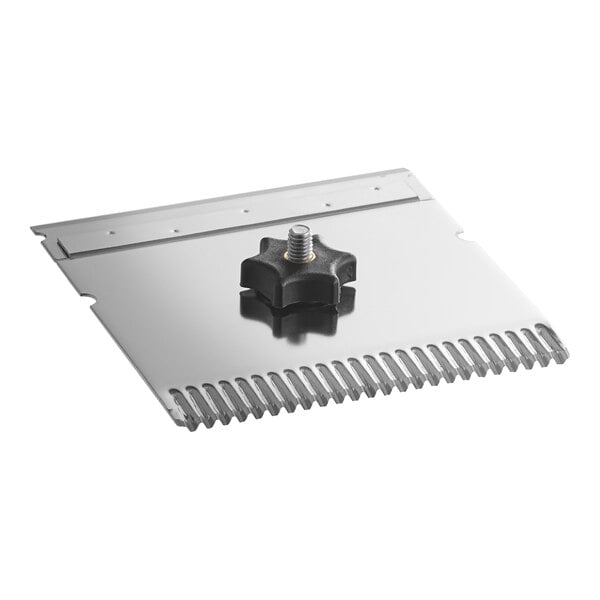 A silver metal plate with a black knob on top.