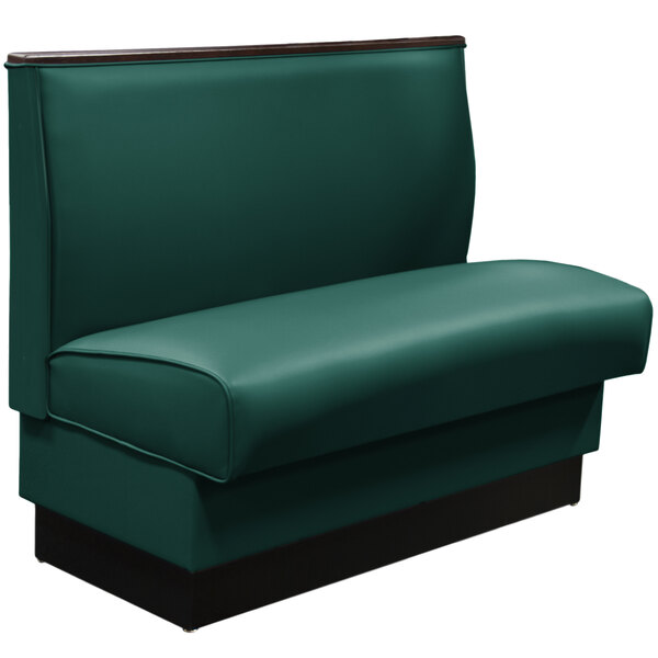 An American Tables & Seating green fully upholstered booth with wood top cap.