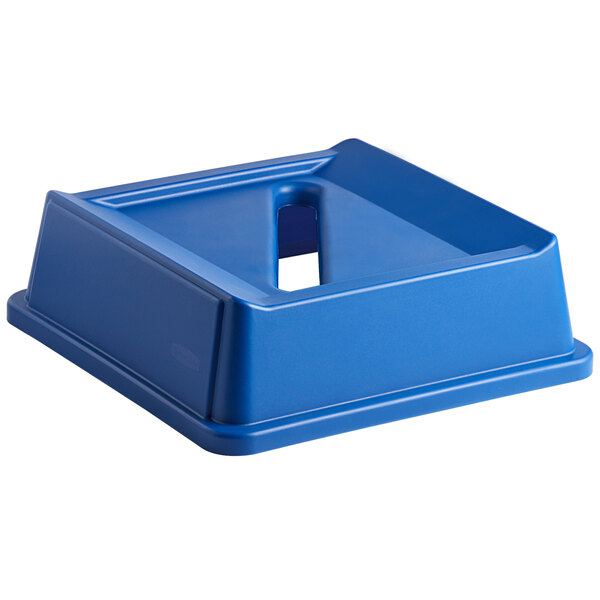 A blue plastic Rubbermaid Untouchable recycling lid with a slot for paper.