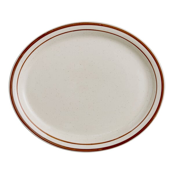 A white platter with a brown rim.