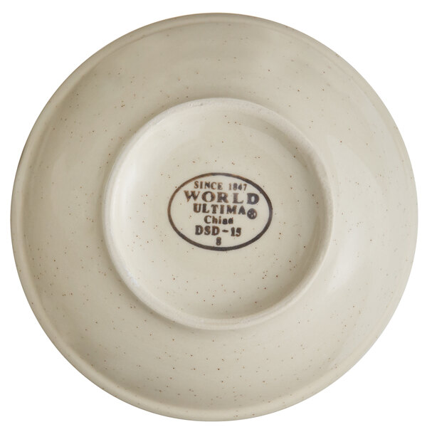 A Libbey narrow rim stoneware oatmeal bowl with brown speckles and a brown band.