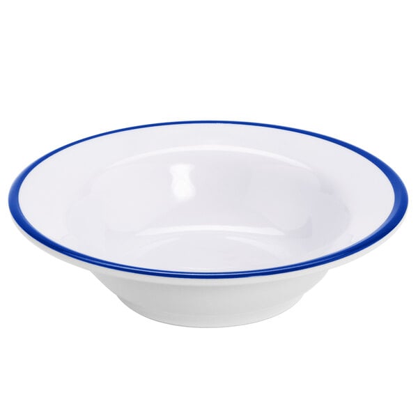 A white GET Settlement Bistro side dish with a blue rim.