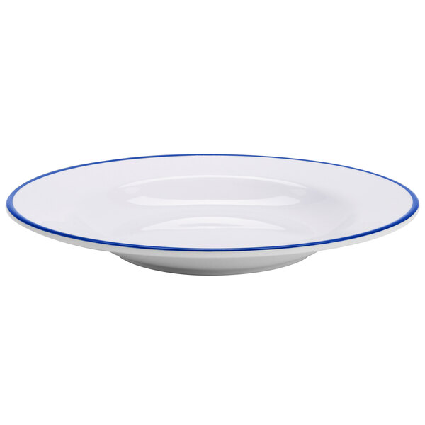 A white bowl with a blue rim.