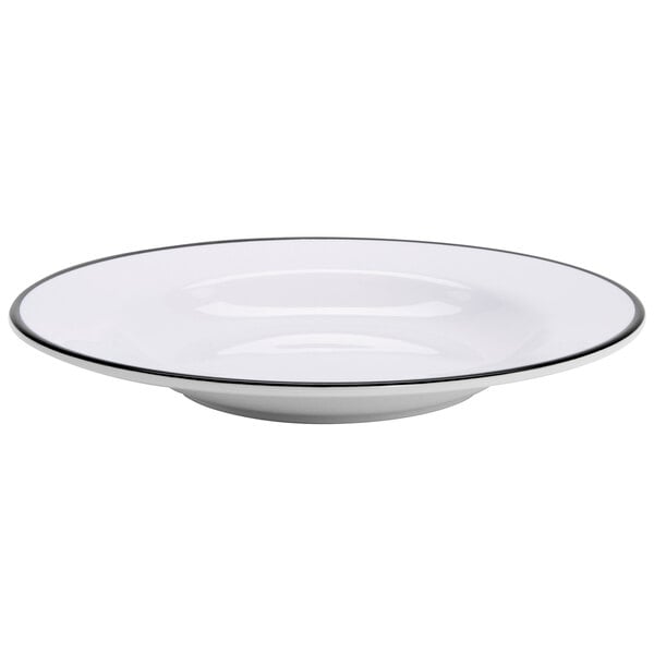 A white bowl with a black rim.