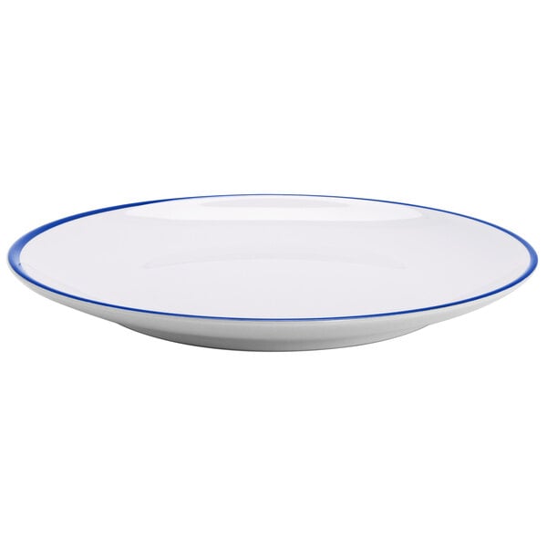 A white GET Settlement melamine dinner plate with a blue rim.
