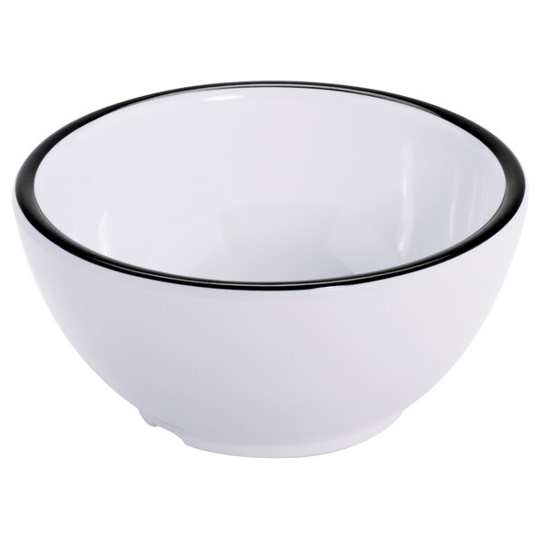 A white GET Settlement bowl with black trim.