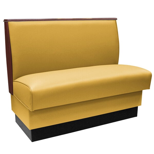 An American Tables & Seating yellow booth with a wooden frame.