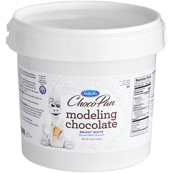 A white bucket of Satin Ice Bright White ChocoPan Modeling Chocolate.