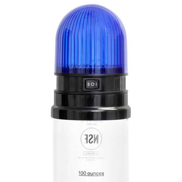 A close-up of a blue and black light on a white background.