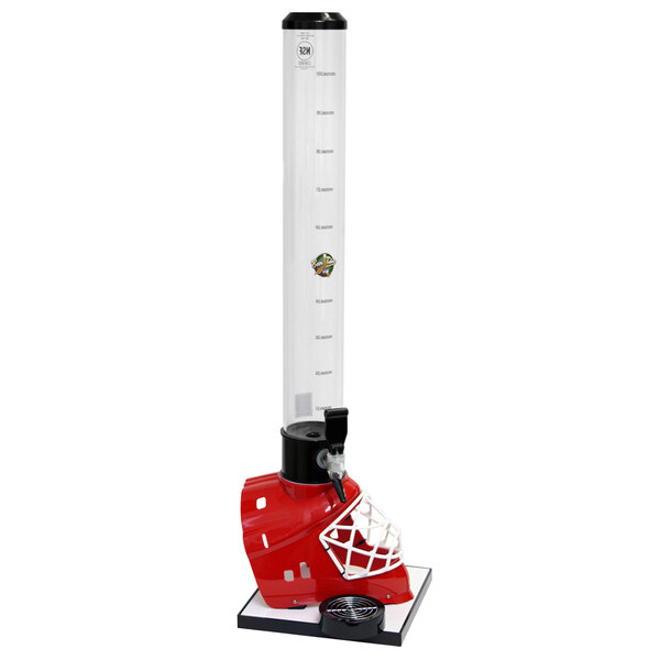 A white rectangular beer tube with a red hockey helmet logo.