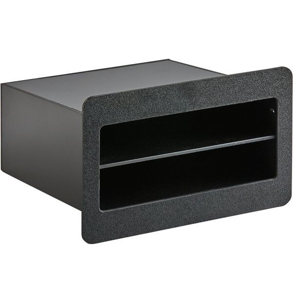 A black metal box with two shelves.