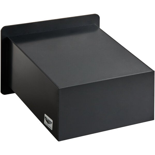 A Vollrath black 2-compartment flush-mount bag dispenser on a table with a white label.