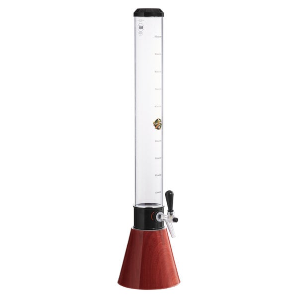 A Beer Tubes tall conic beer tower with a woodgrain finish and a red base.