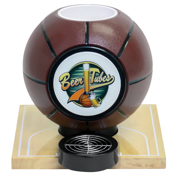 A black beer tower with a basketball on top.