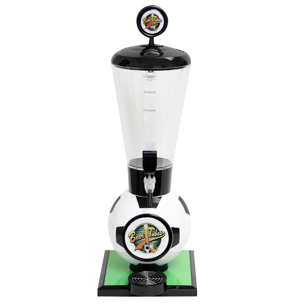A clear glass soccer ball-shaped Beer Tube with a black base.