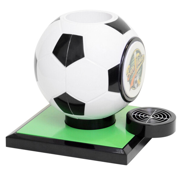 A Beer Tube with a soccer ball shaped cup and a soccer ball on top.