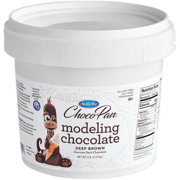 A white plastic tub of Satin Ice ChocoPan deep brown modeling chocolate.