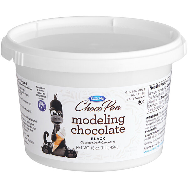 A white tub of Satin Ice ChocoPan black modeling chocolate with a black lid.