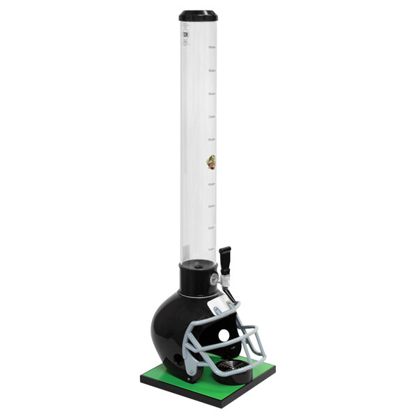 A black football helmet shaped beer tower with a tube inside.