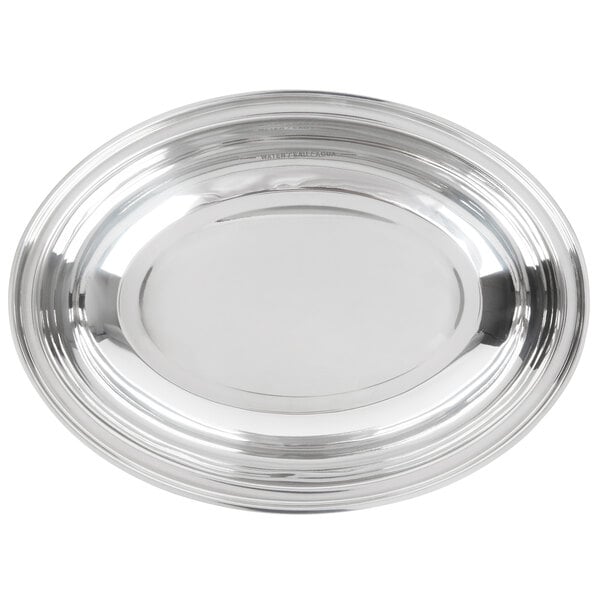A stainless steel water pan with a round edge.