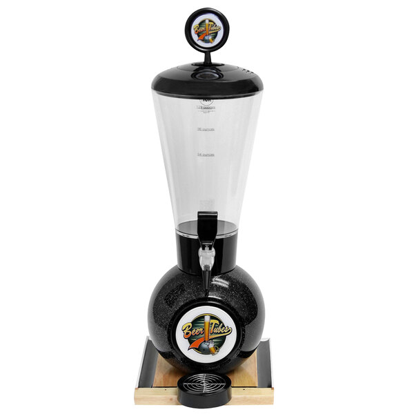 A clear glass Beer Tubes beverage dispenser with a black base.