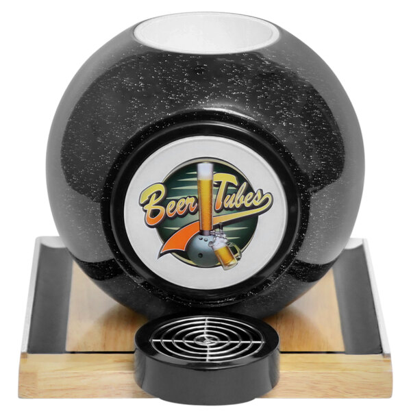 A Beer Tubes bowling ball beer tower with a black and white bowling ball on a wooden stand.