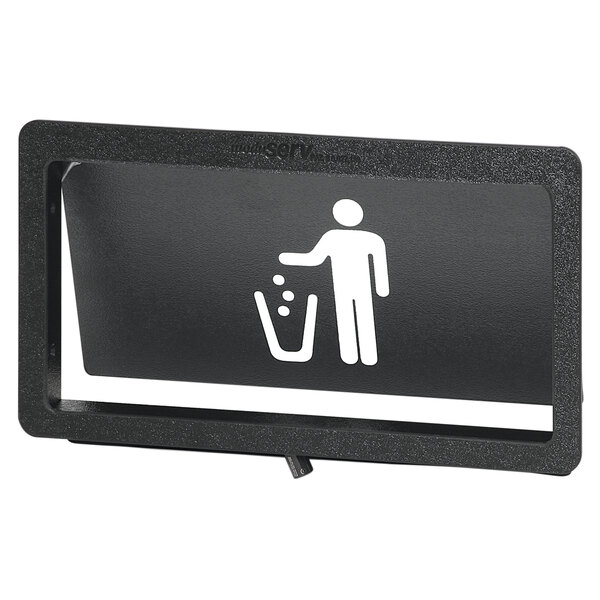 A black rectangle with a white and black sign reading "Trash" and a white figure throwing trash into a trash can.