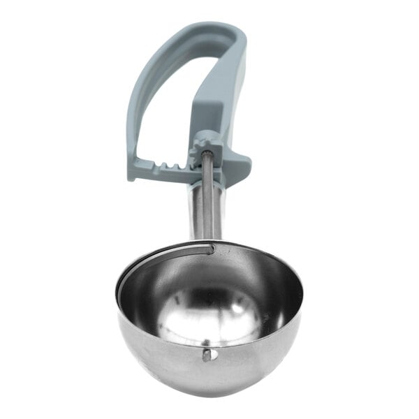 A stainless steel disher with a blue extended length squeeze handle, designed to portion 2 oz servings.