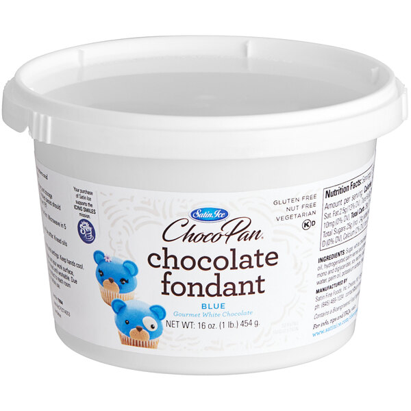 A white tub of Satin Ice ChocoPan blue chocolate fondant with a label.