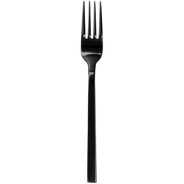 A black stainless steel Walco European table fork with a white background.