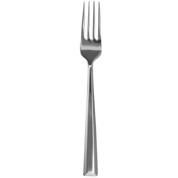 A silver fork with a black top on a white background.