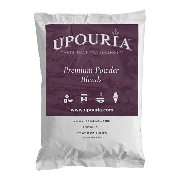 A white package of UPOURIA Hazelnut Cappuccino Mix with a purple label.