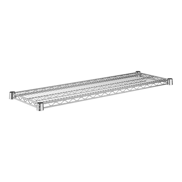 A close-up of a Regency chrome wire shelf with two shelves.
