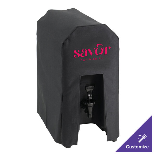 A black Cambro cover with pink writing.