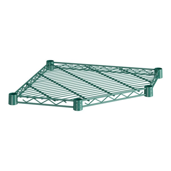 A green epoxy-coated wire pentagon corner shelf designed for storage.