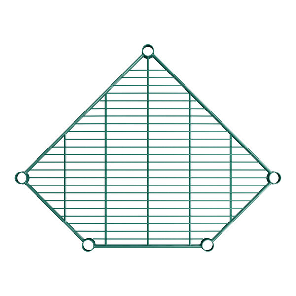 A green epoxy-coated wire pentagon corner shelf with a grid design and five attachment points.