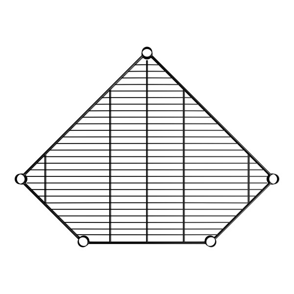 A black epoxy wire pentagon-shaped corner shelf with a grid design and five attachment points.