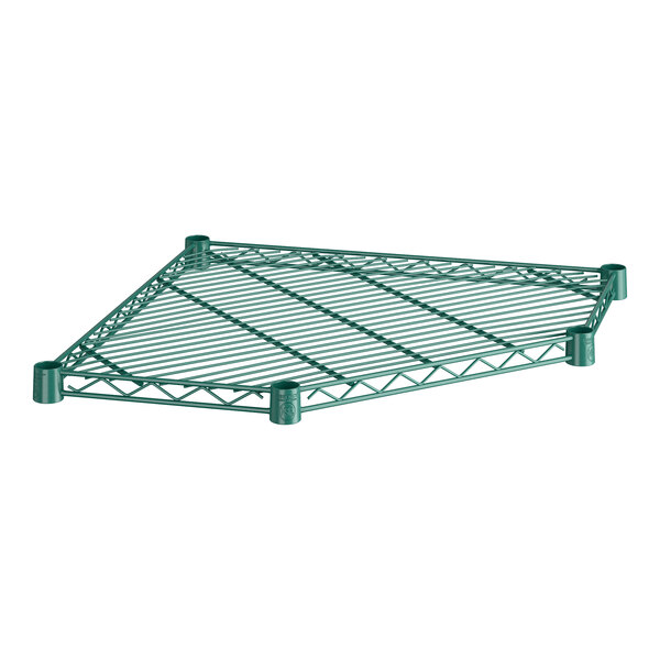 A green epoxy-coated wire pentagon corner shelf designed for storage and organization.