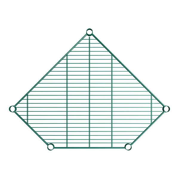 A green epoxy-coated wire pentagon corner shelf with five mounting points.