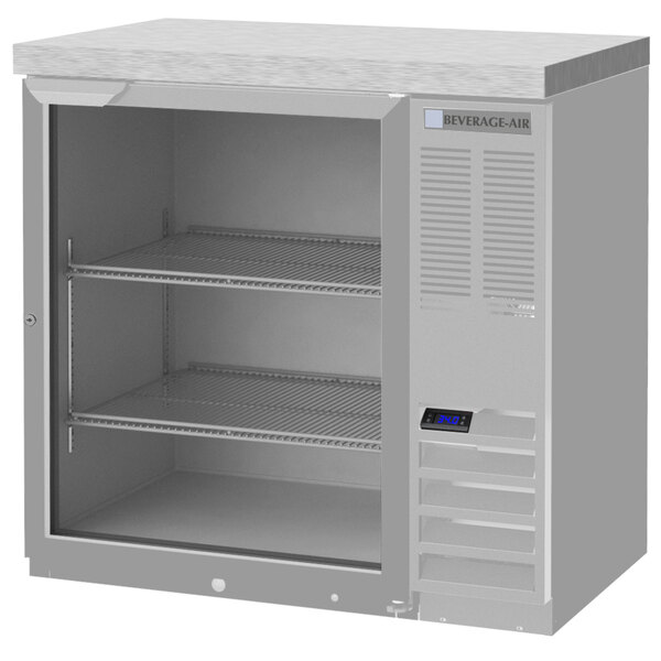 A black Beverage-Air back bar refrigerator with shelves.