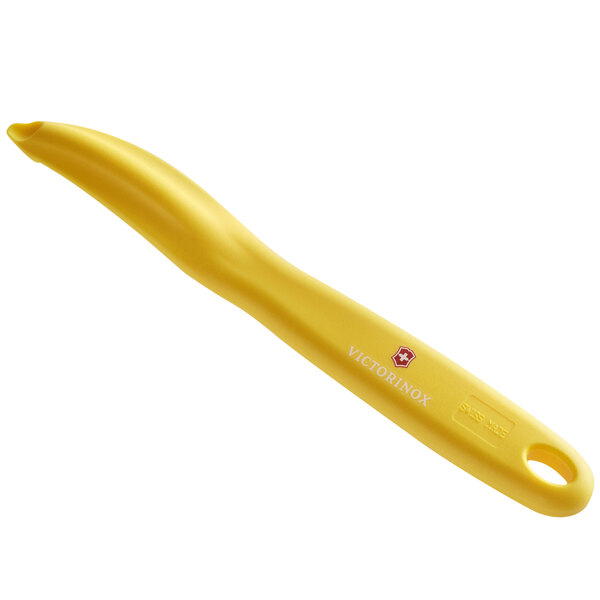 A yellow knife with a white logo with a serrated blade.