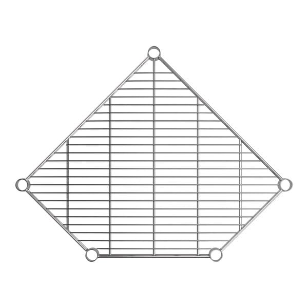 A chrome wire pentagon corner shelf with a grid design and five circular mounting points.