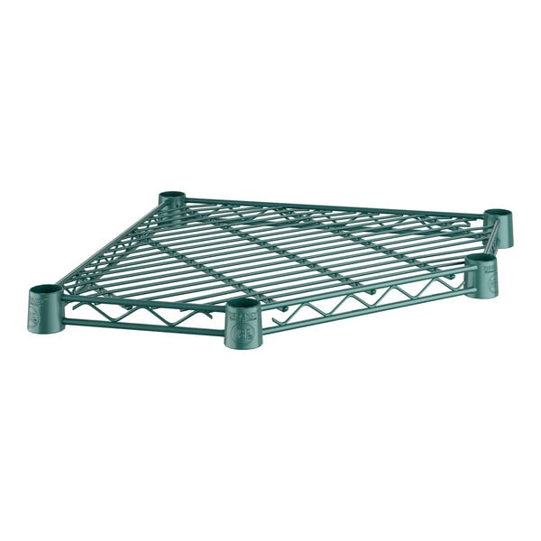 A green Regency metal wire pentagon shelf with holes.