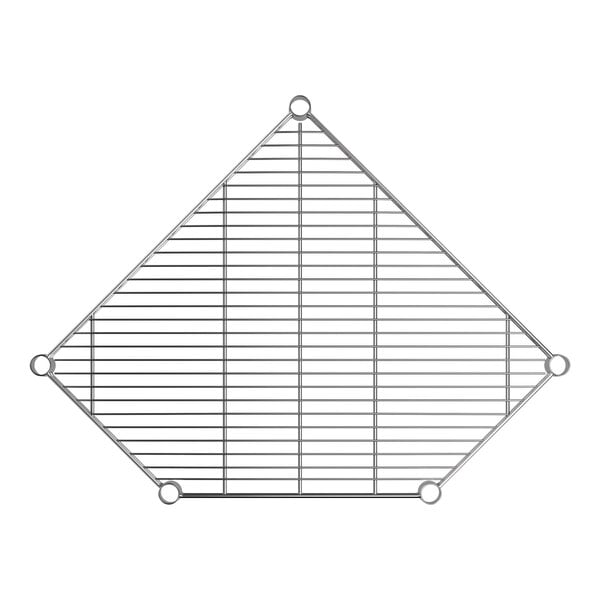 A chrome wire pentagon corner shelf with a grid design and five attachment points.