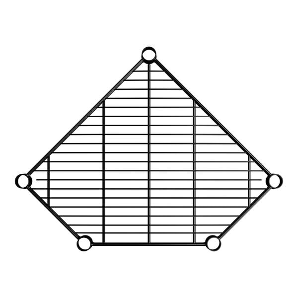 A black epoxy wire pentagon corner shelf with a grid design and five mounting points.