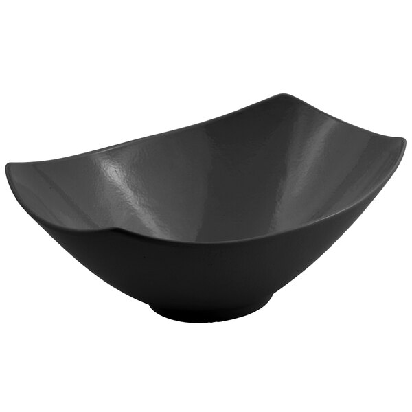 A black Bon Chef Gondola bowl with a curved edge.