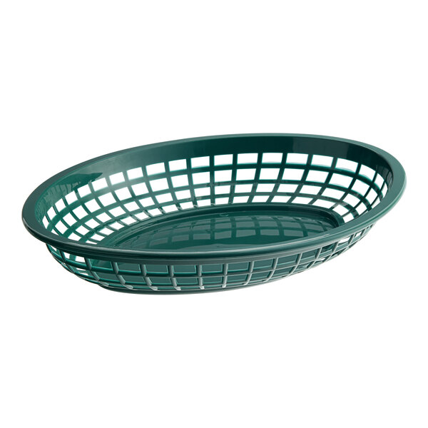 A close up of a Tablecraft green plastic oval basket with white lines.